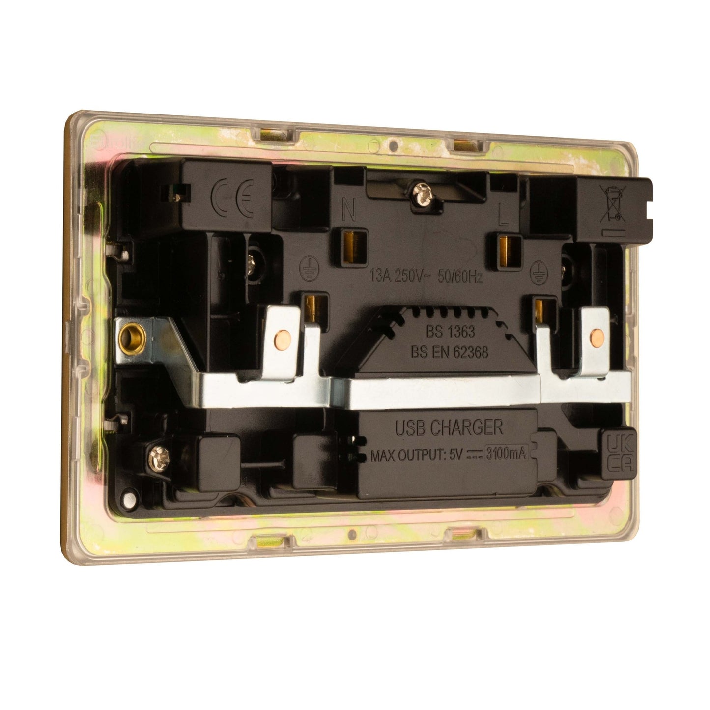 Eurolite Concealed 3mm 2 Gang 13Amp Switched Socket with USB in satin brass finish, featuring a compact design with a USB charger and standard sockets for reliable power access.