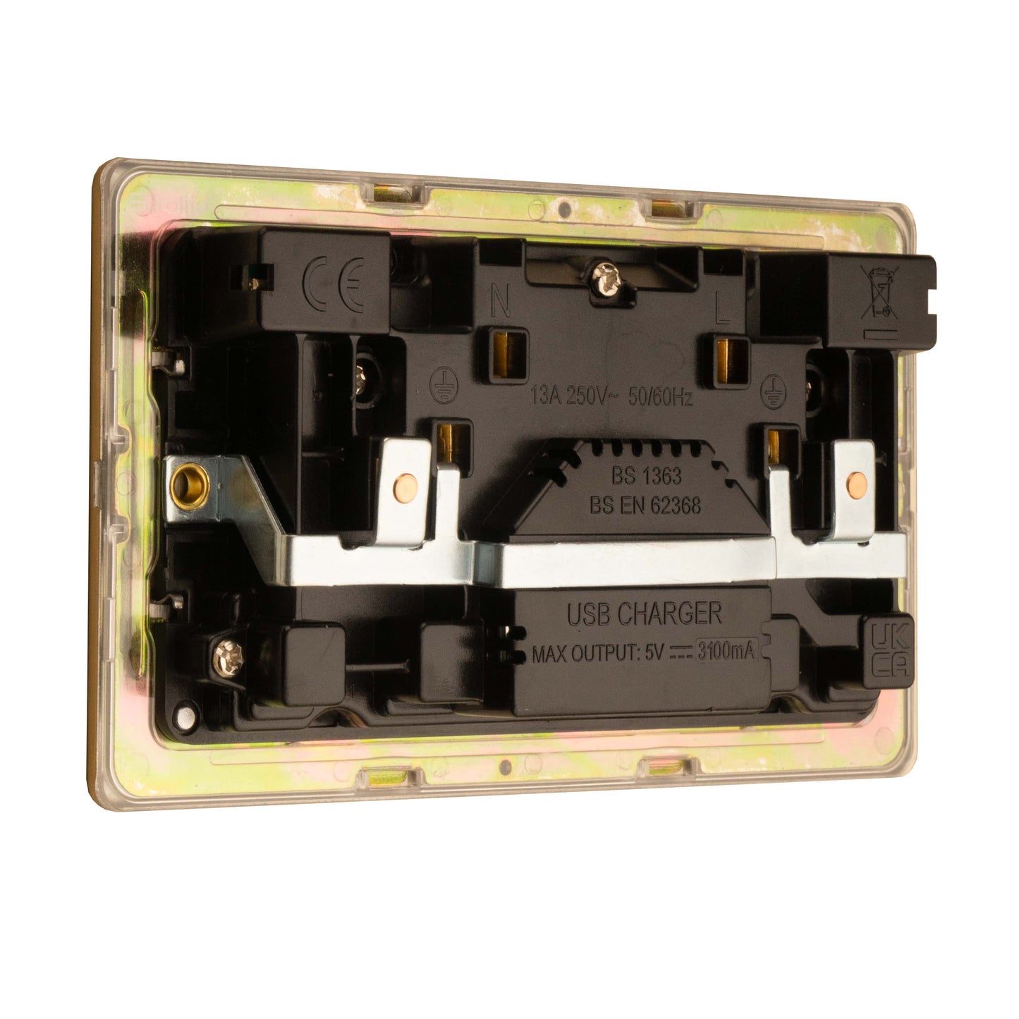 Concealed 3mm 2 Gang 13Amp Switched Socket With Usb - Satin Brass