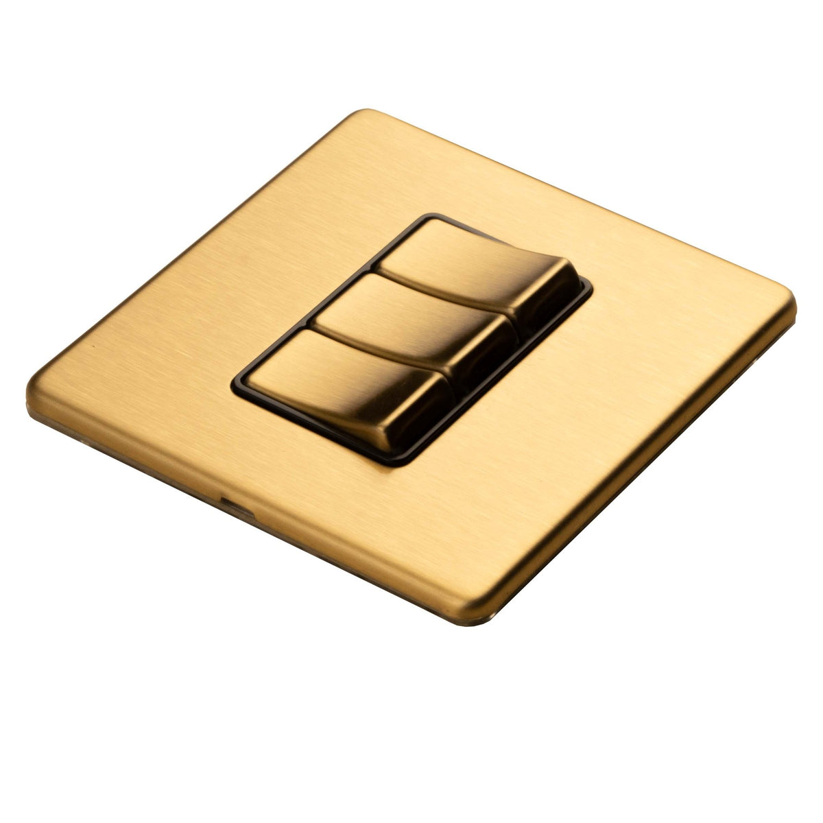 Eurolite Concealed 3mm 3 Gang 2Way Switch in satin brass finish, featuring three toggle buttons on a square plate, designed for a clean and modern aesthetic in electrical installations.