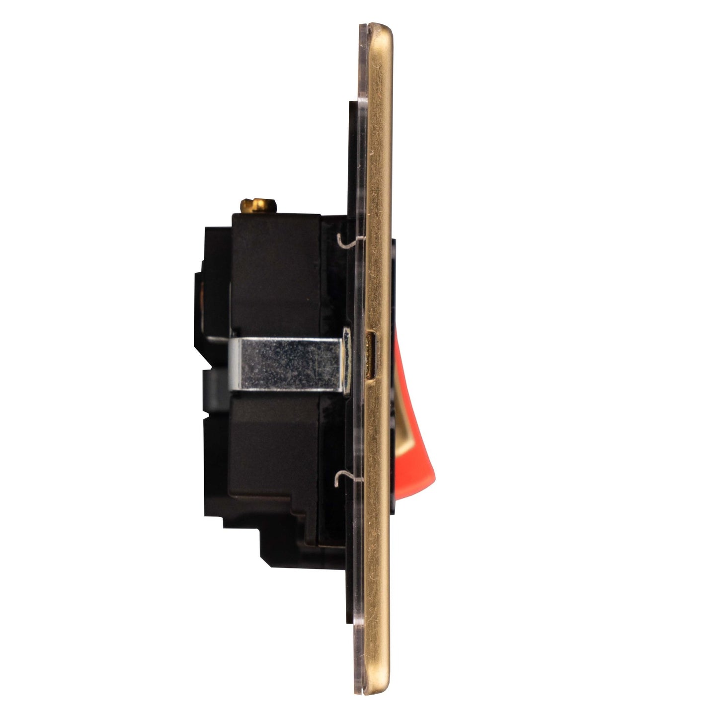 Eurolite Concealed 3mm 45Amp Cooker Switch with Socket in satin brass finish, featuring a red toggle switch and a sleek design suitable for electrical installations.