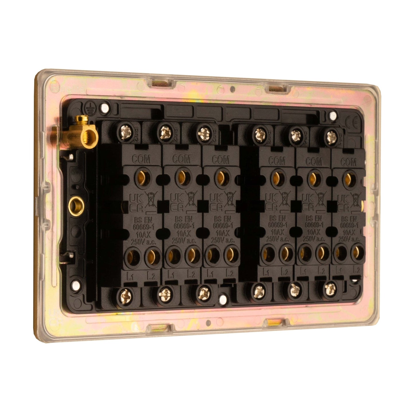 Eurolite Concealed 3mm 6 Gang 2Way Switch in satin brass finish, featuring six black switch mechanisms with clear screw terminals and a transparent plastic cover.