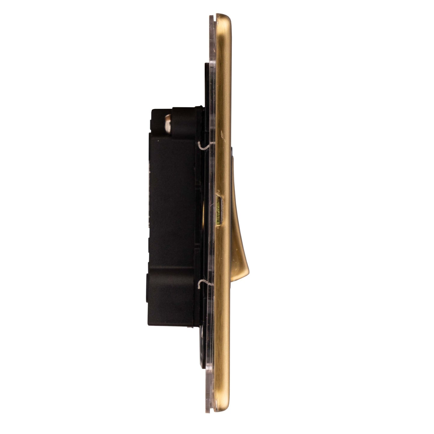 Eurolite Concealed 3mm 6Amp Fan Isolator Switch in satin brass finish, featuring a sleek design and a single toggle switch for controlling ventilation.
