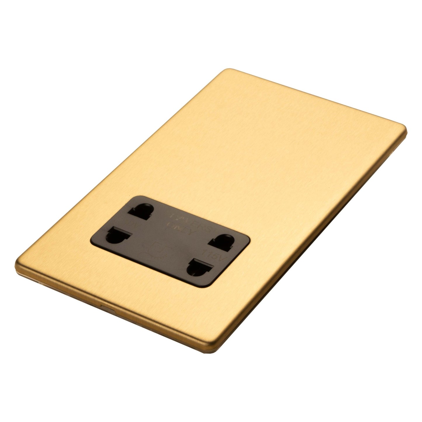 Eurolite Stainless Steel Shaver Socket in satin brass finish, designed with a smooth surface and a black mounting plate featuring four cutouts for installation. The design offers a sleek and modern look.