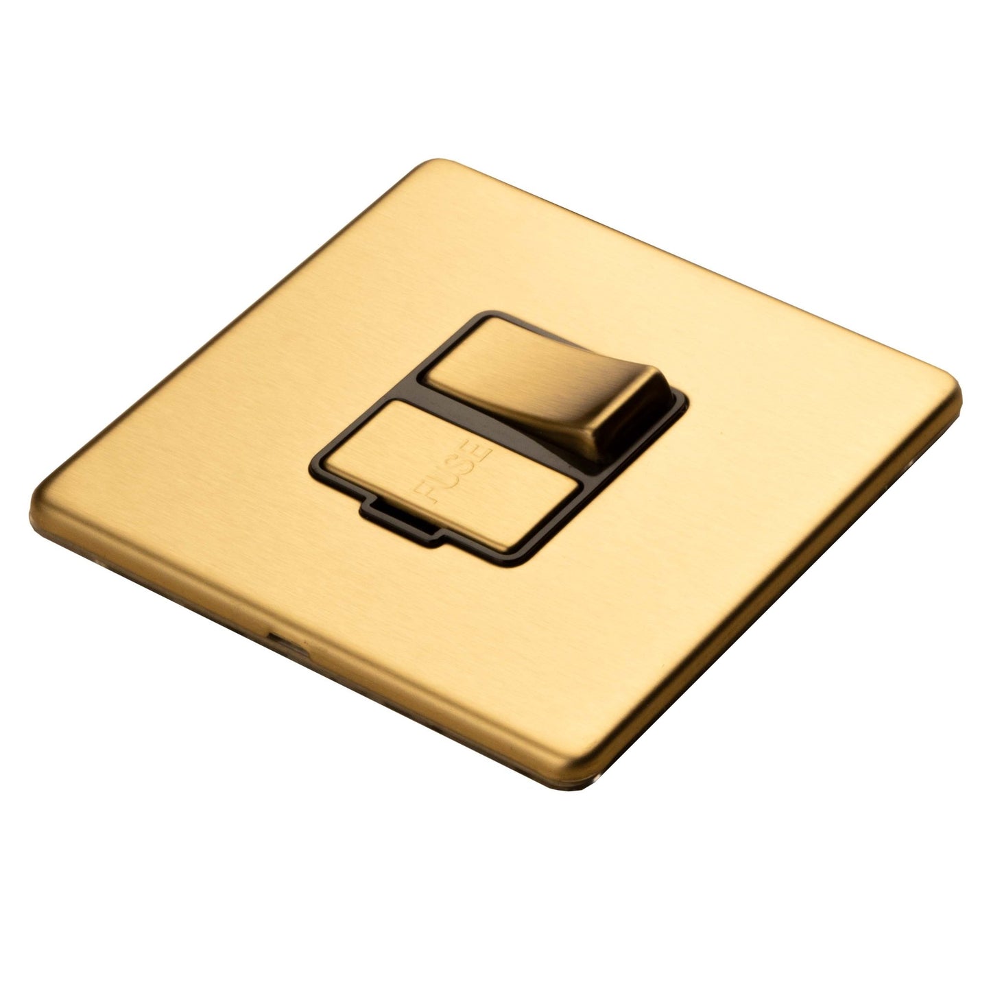 Eurolite Stainless Steel Switched Fuse Spur in satin brass finish, featuring a rectangular switch design with a smooth surface and a single toggle switch.