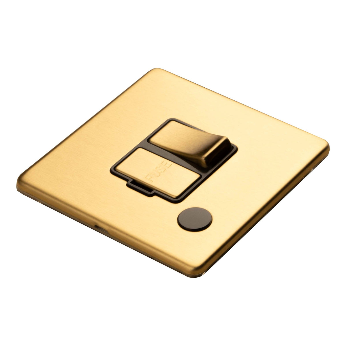 Eurolite Concealed 3mm 13Amp Switched Fuse Spur with Flex Outlet in satin brass finish, featuring a sleek design with a toggle switch and a circular button.