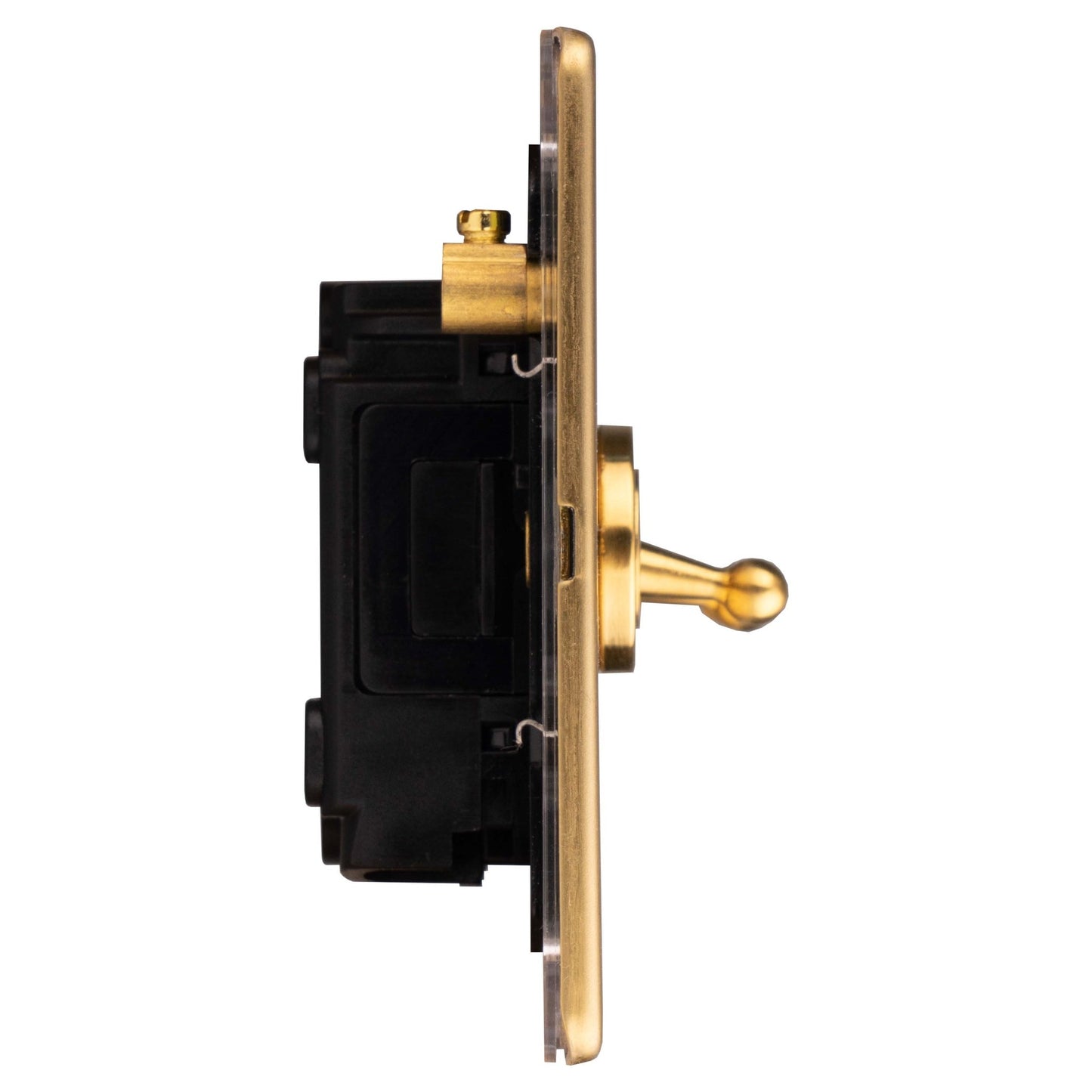Eurolite Concealed 3mm 3 Gang 2 Way Toggle Switch in satin brass, featuring a toggle lever and a sleek rectangular plate with a black base. The elegant design is suited for various interior styles.