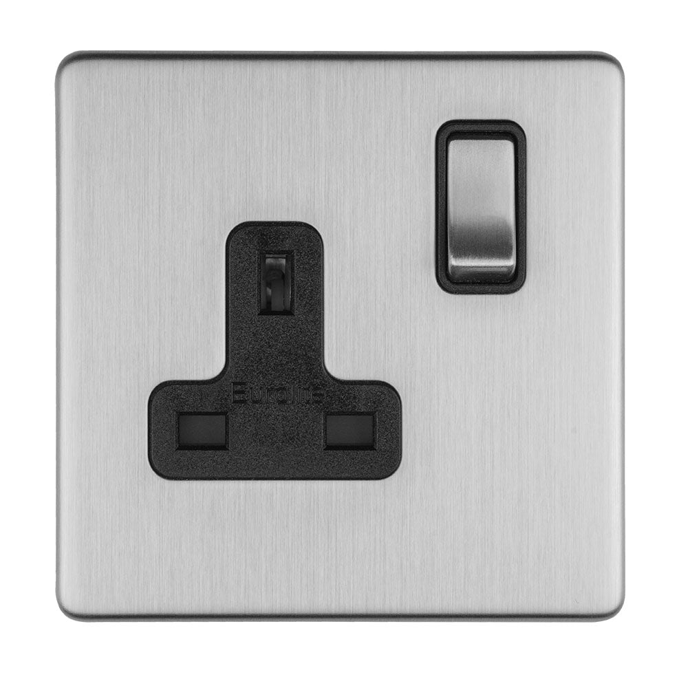Eurolite Concealed 3mm 1 Gang 13Amp Dp Switched Socket in stainless steel, featuring a black socket and switch on a brushed stainless steel plate.