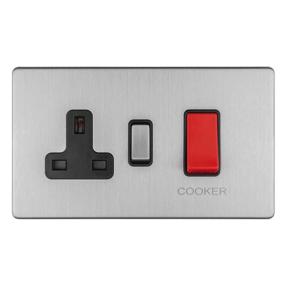 Eurolite Concealed 3mm 45Amp Dp Cooker Switch With 13Amp Socket in stainless steel finish, featuring a black socket, a black toggle switch, and a red cooker switch on a brushed metal plate.
