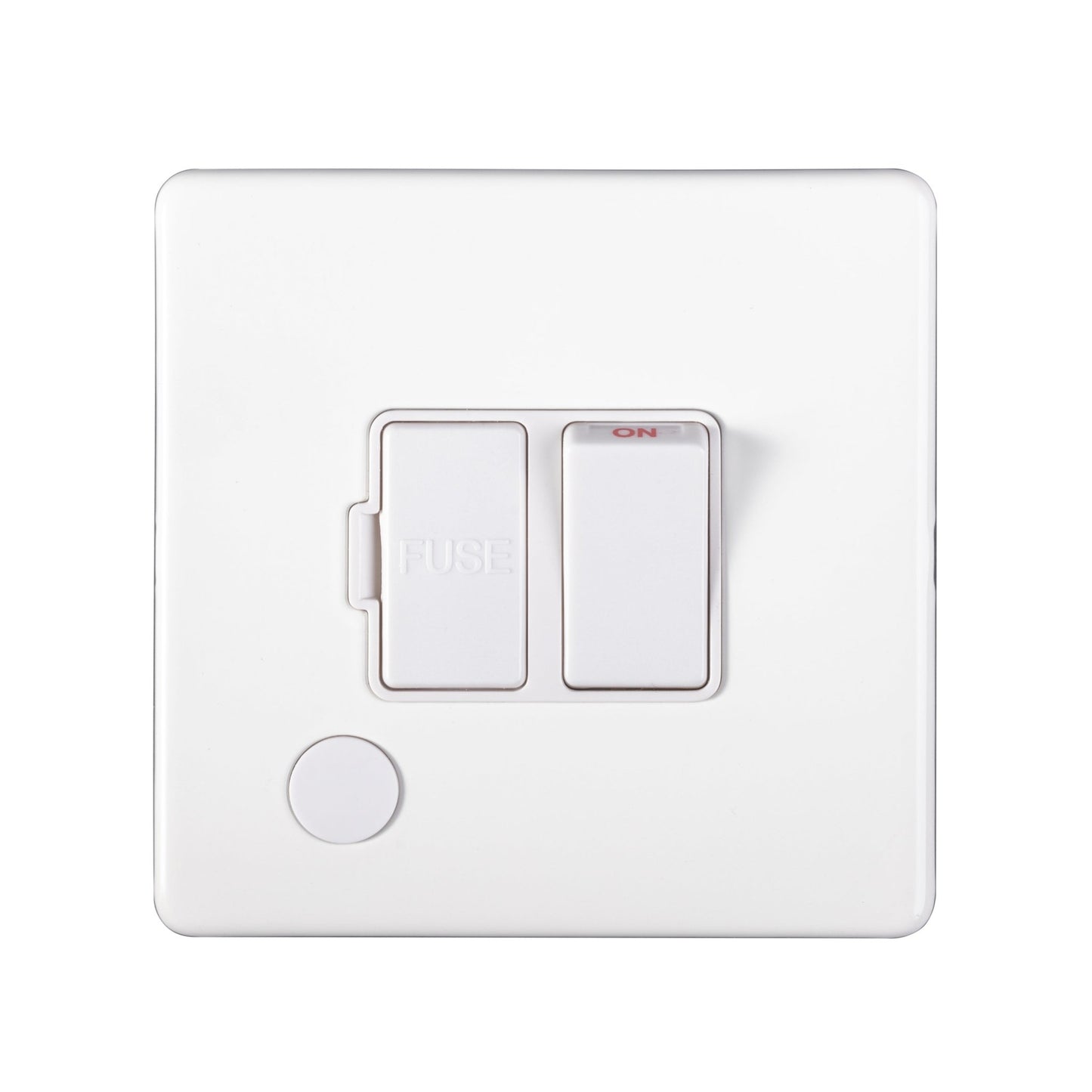 Eurolite Concealed 3mm Switched Fuse Spur in matt white finish, featuring a two-button design with a visible 'FUSE' label and a circular on/off indicator.