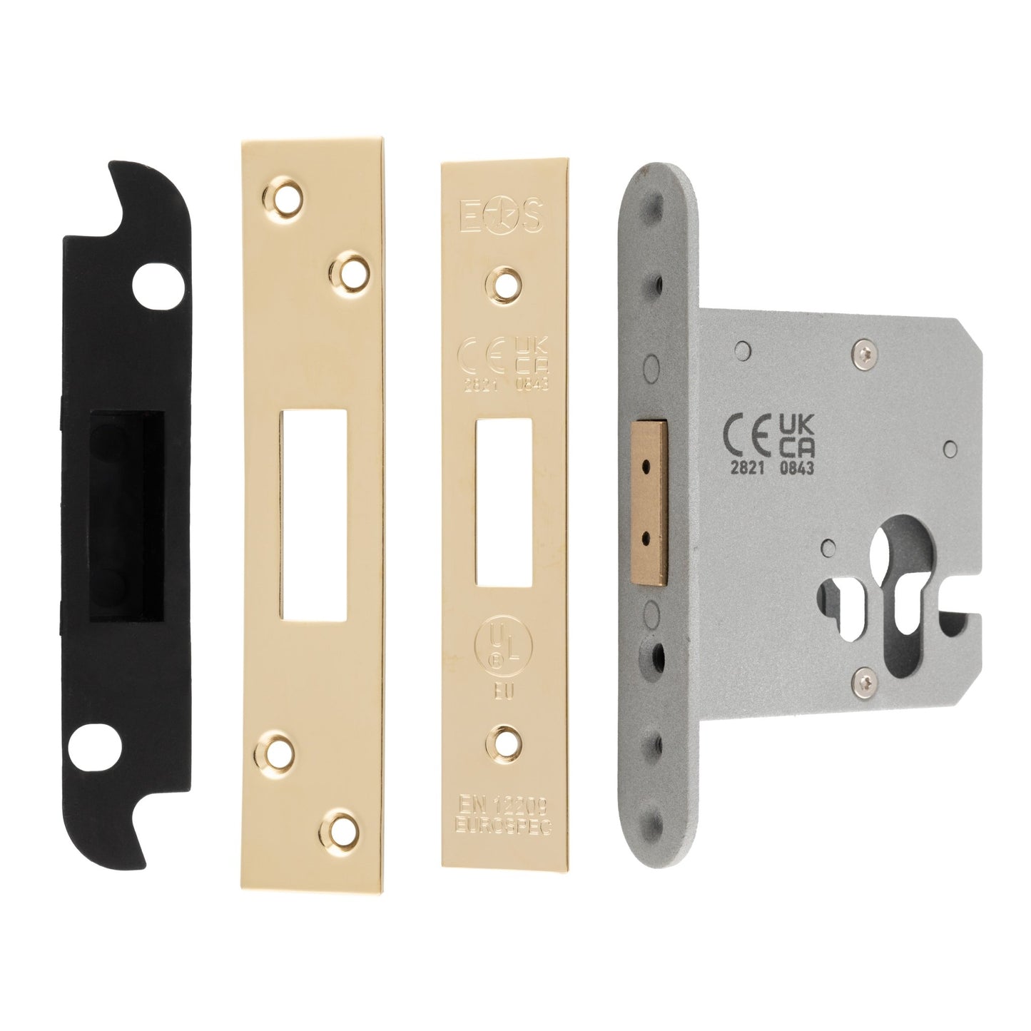 Carlisle Brass Easi-T Euro Profile Deadlock, featuring components in varying finishes including a gray metal casing, a brass faceplate, and a black strike plate. The set includes a locking mechanism and various mounting plates.