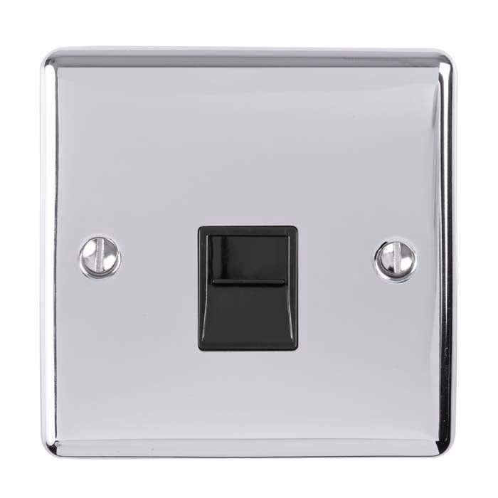 Eurolite Enhance Decorative Telephone Master in polished chrome, featuring a stylish black switch in the center and two visible mounting screws, providing a modern design for electrical installations.