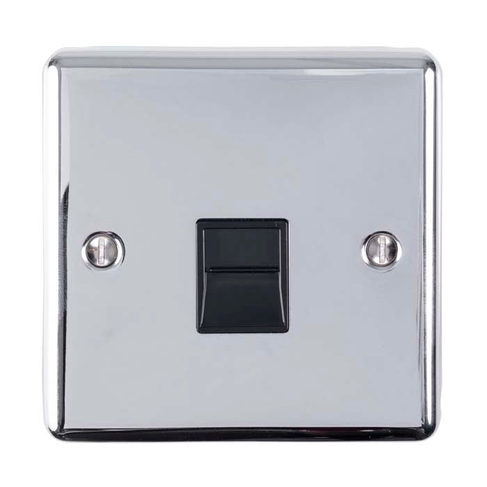 Eurolite Enhance Decorative Telephone Slave in polished chrome featuring a single black switch and two silver mounting screws on a square faceplate.