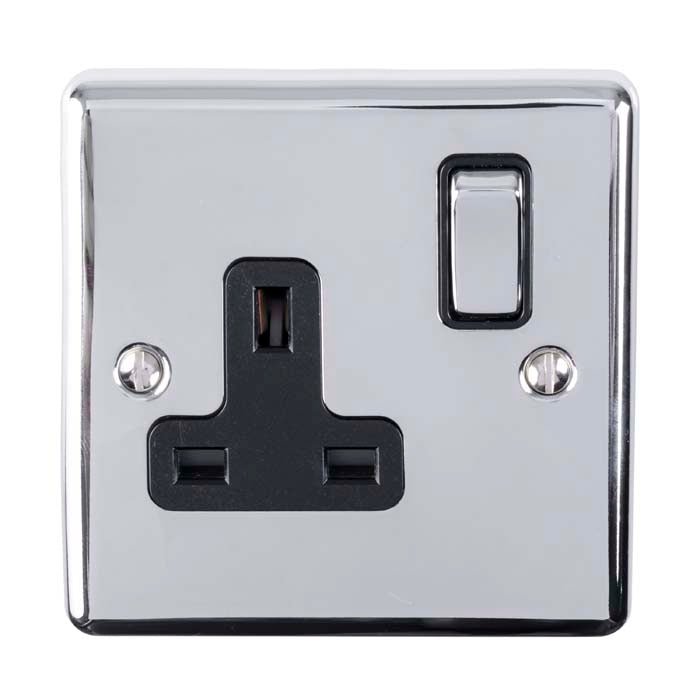 Eurolite Enhance Decorative 1 Gang Socket in polished chrome featuring a standard three-pin outlet and a toggle switch with a smooth finish.