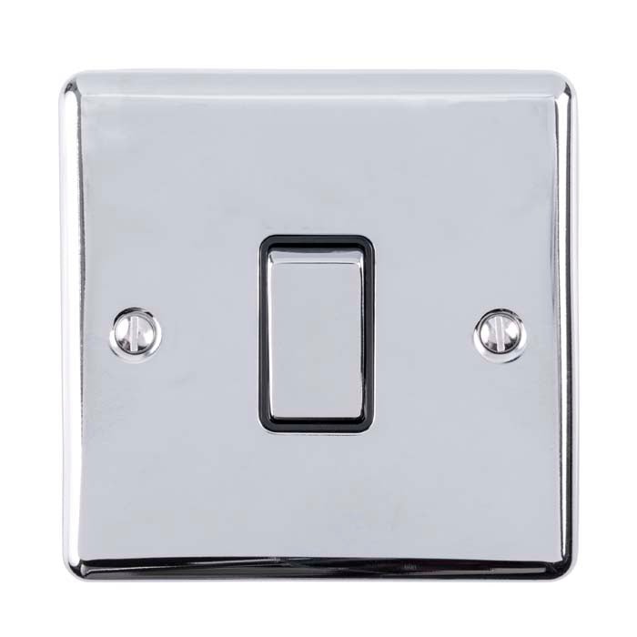 Eurolite Enhance Decorative 1 Gang Switch in polished chrome with a rectangular design and a single toggle switch, featuring two visible screws and a sleek, shiny finish.
