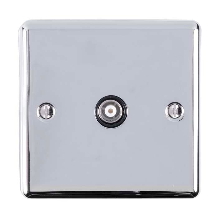 Eurolite Enhance Decorative TV in polished chrome, featuring a sleek square design with two mounting screws and a central connector for cable access.