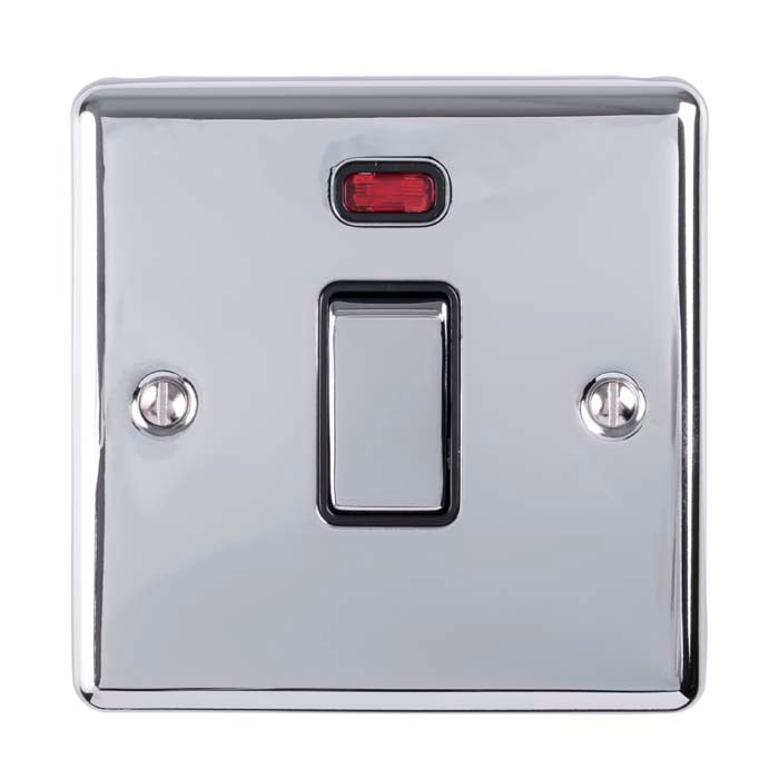 Eurolite Enhance Decorative 20Amp Switch in polished chrome finish, featuring a prominent switch lever and a red neon indicator light, along with two decorative screws on a square plate.