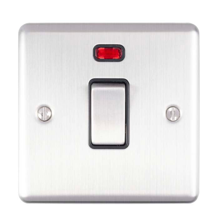 Eurolite Enhance Decorative 20Amp Switch in satin stainless steel featuring a toggle switch and a neon indicator light at the top, with two visible mounting screws.