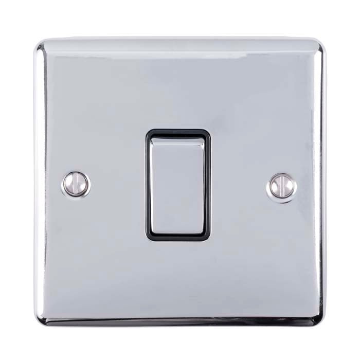 Eurolite Enhance Decorative 20Amp Switch in polished chrome finish, featuring a single toggle switch and two mounting screws, shown with a glossy surface.