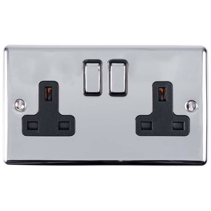 Eurolite Enhance Decorative 2 Gang Socket in polished chrome with two black socket outlets and two switches, designed with a sleek and shiny finish.