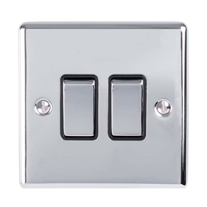 Eurolite Enhance Decorative 2 Gang Switch in polished chrome featuring two switch levers and visible mounting screws. The switch has a square plate design with a glossy finish.
