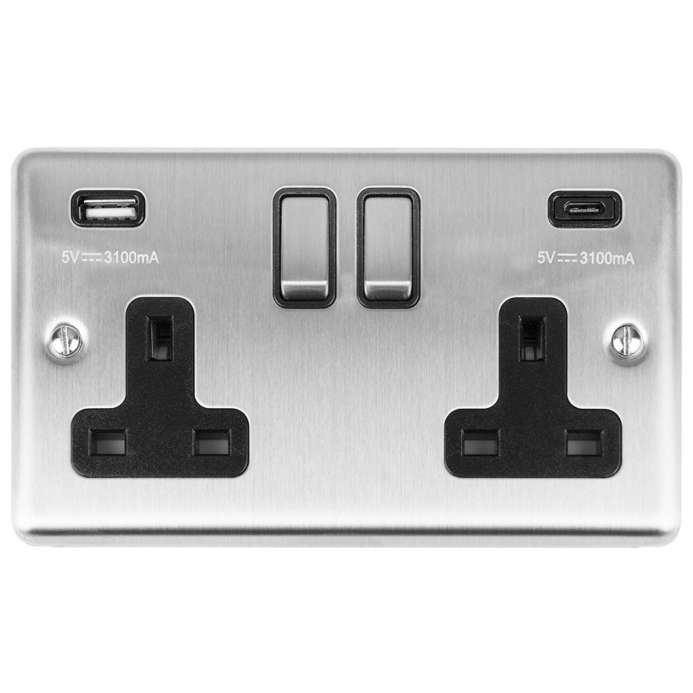 Enhance Decorative 2 Gang 13Amp Switched Socket With Usb C Stainless Steel - Satin Stainless