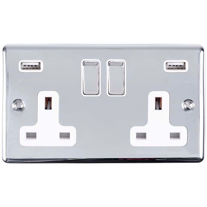Eurolite Enhance Decorative 2 Gang USB Socket in polished chrome finish, featuring two USB ports and two standard power outlets. The surface is glossy, reflecting light, and designed for wall-mounted installation.