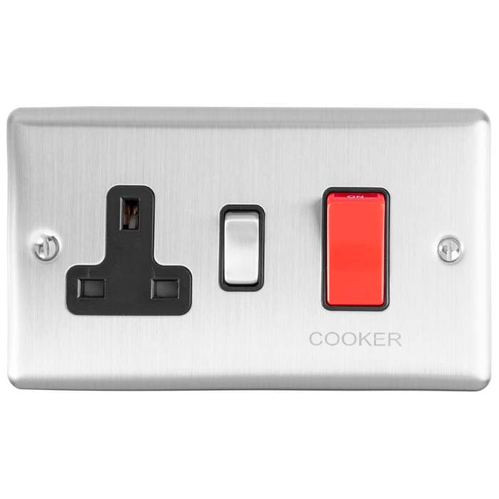 Eurolite Enhance Decorative 45Amp Switch With A Socket in satin stainless steel featuring a red rocker switch for the cooker and a standard power socket.