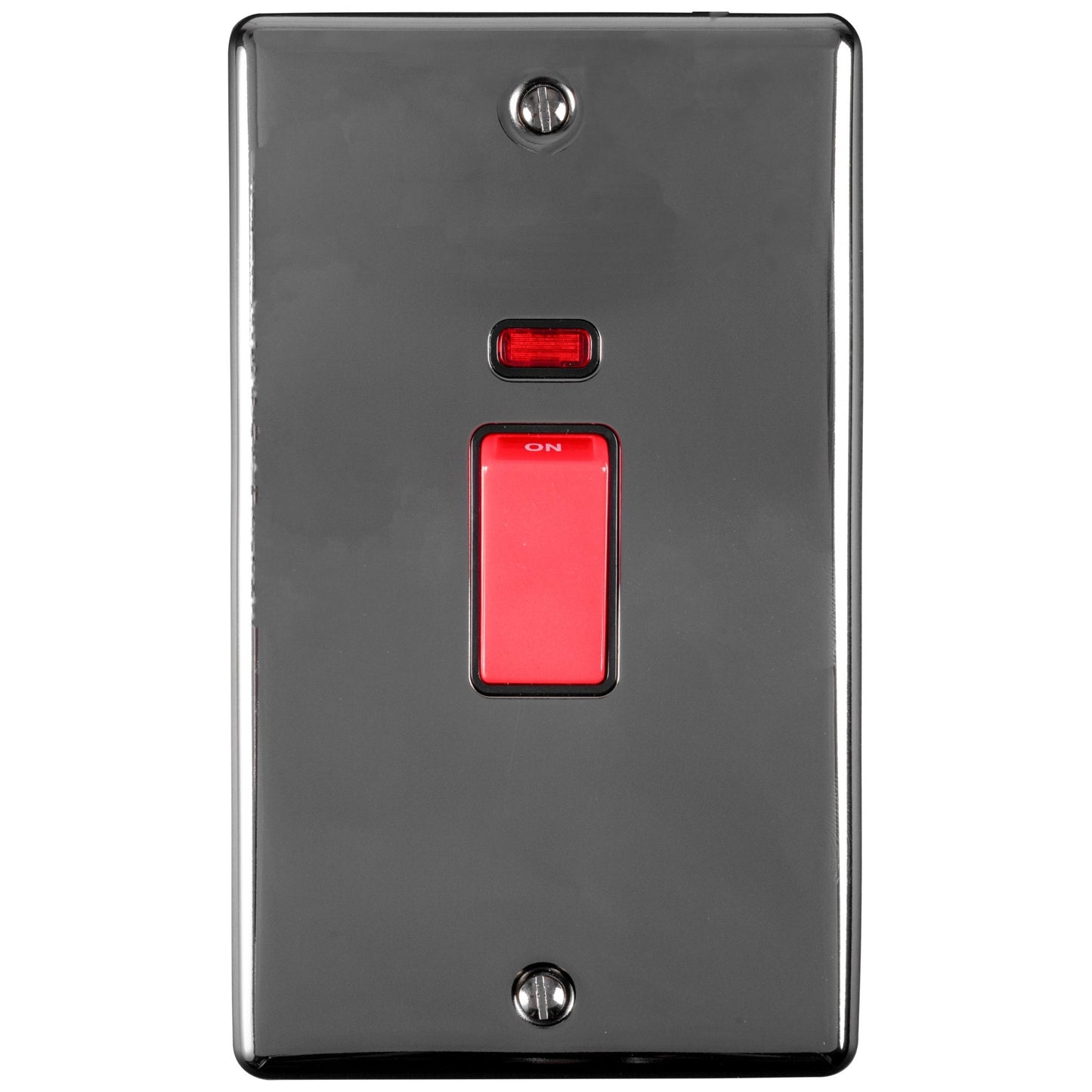 Eurolite Enhance Decorative 45Amp Switch in black nickel featuring a red toggle switch with a neon indicator, designed with a glossy finish and two visible mounting screws.