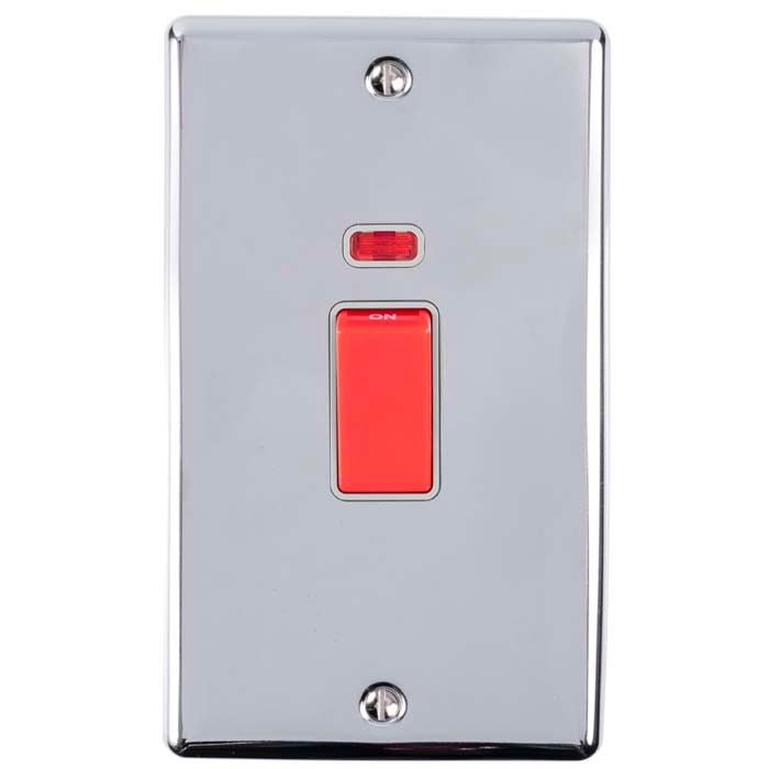 Eurolite Enhance Decorative 45Amp Switch in polished chrome with a red switch and neon indicator light. The switch features a simple design with smooth edges and two visible mounting screws.