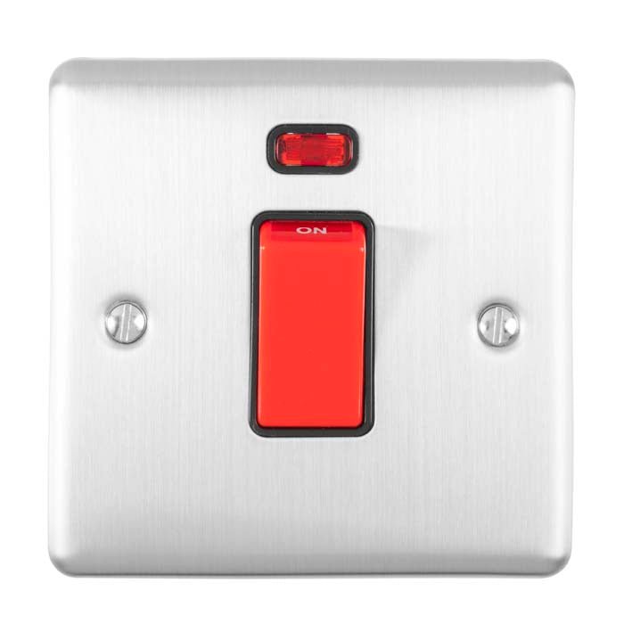 Eurolite Enhance Decorative 45Amp Switch in satin stainless steel finish featuring a red toggle switch and a neon indicator light above it, secured with two screws on a square backplate.