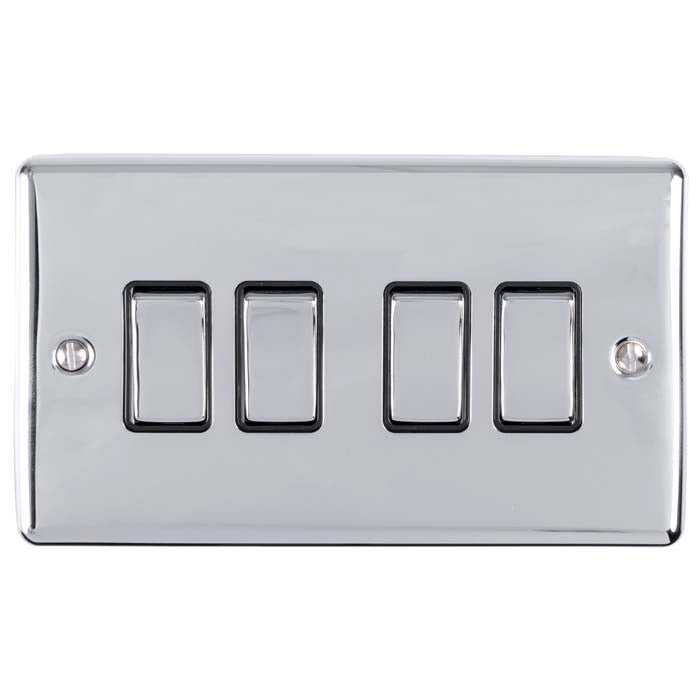 Eurolite Enhance Decorative 4 Gang Switch in polished chrome featuring four toggle switches with a sleek, reflective finish and visible mounting screws.