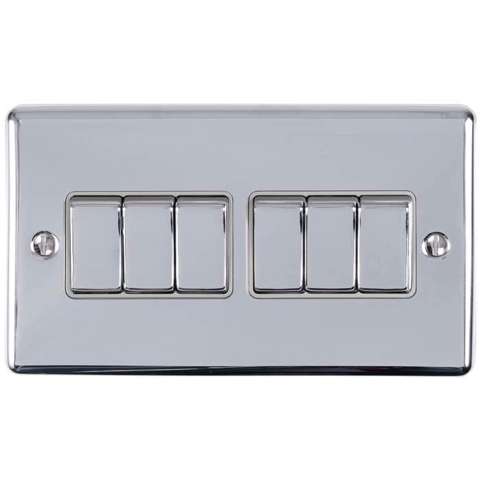 Eurolite Enhance Decorative 6 Gang Switch in polished chrome finish, featuring six toggle switches arranged in two sets, with a rectangular wall plate and visible mounting screws.