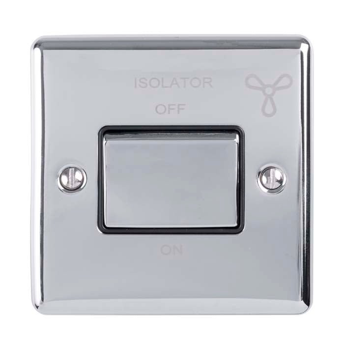 Eurolite Enhance Decorative Fan Switch in polished chrome, featuring a central toggle switch with "ISOLATOR" and directional symbols for off and on settings, secured with two visible screws.