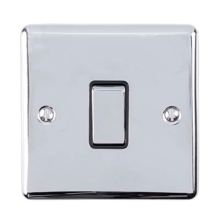 Eurolite Enhance Decorative Intermediate Switch in polished chrome, featuring a rectangular design with a single toggle switch and two visible screw fittings for installation.