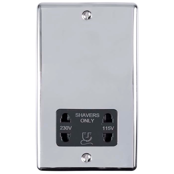 Eurolite Enhance Decorative Shaver Socket in polished chrome featuring two outlets labeled "SHAVERS ONLY" with voltage ratings of 230V and 115V, attached to a sleek, reflective rectangular plate.