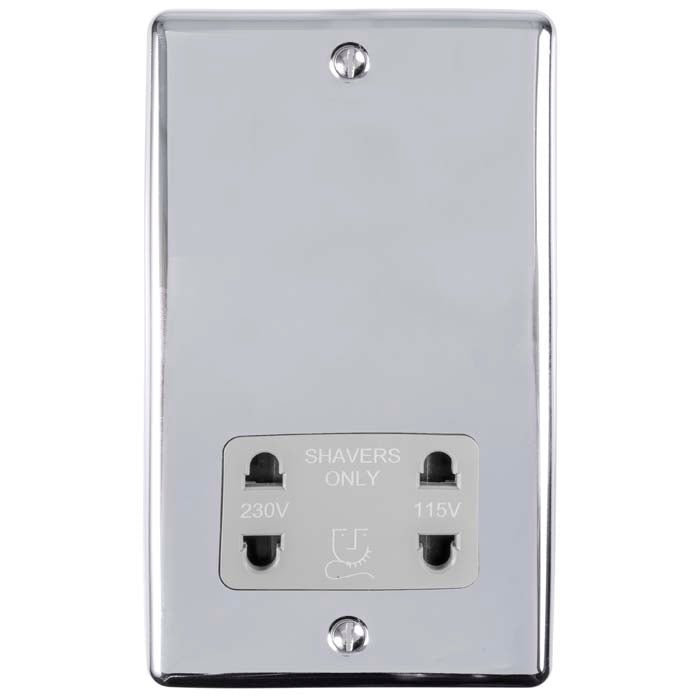 Eurolite Enhance Decorative Shaver Socket in polished chrome, featuring two rectangular slots labeled 'SHAVERS ONLY' for 230V and 115V connections, with a smooth reflective surface and mounting holes for installation.