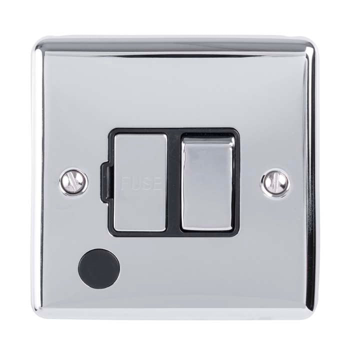 Eurolite Enhance Decorative Switched Fuse Spur with Flex Outlet in polished chrome, featuring a fuse switch and a flex outlet, designed with a sleek, square plate.