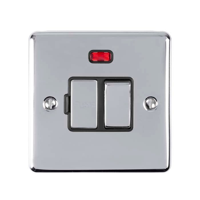 Eurolite Enhance Decorative Switched Fuse Spur in polished chrome featuring two switches and a red neon indicator light. The square plate design highlights the sleek chrome finish.