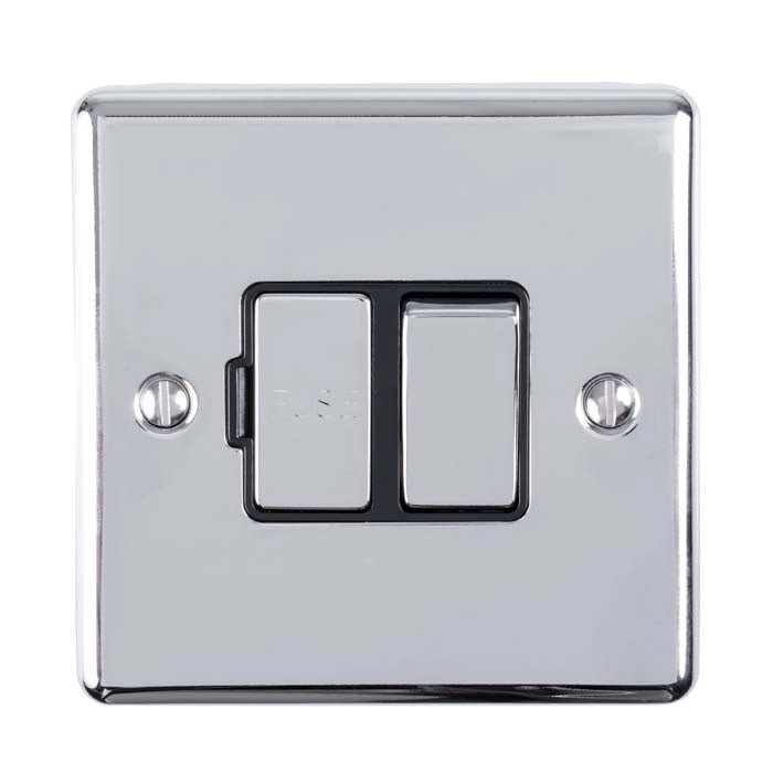 Eurolite Enhance Decorative Switched Fuse Spur in polished chrome, featuring a contemporary design with two switches and a sleek finish, mounted on a square plate with rounded edges.