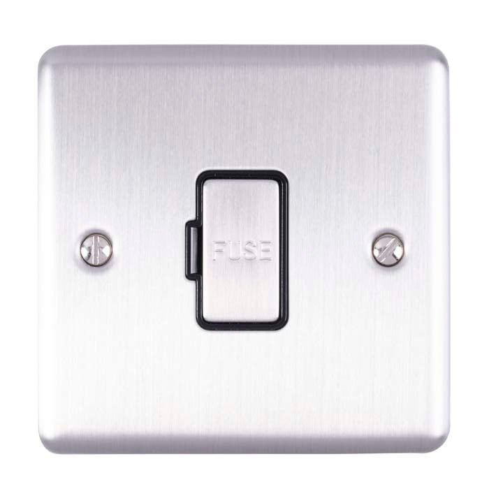 Eurolite Enhance Decorative Unswitched Fuse Spur in satin stainless steel, featuring a rectangular design with a central fuse switch and two mounting screws for installation.