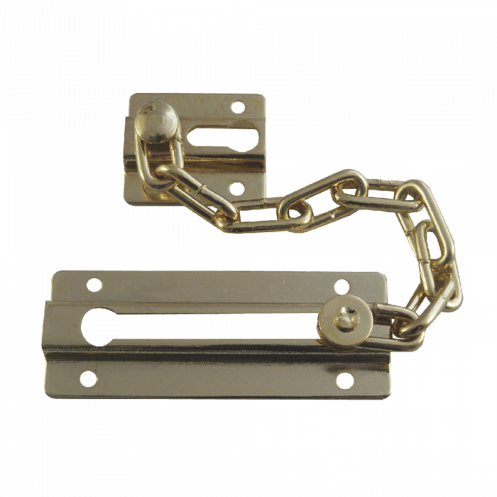 Aldridge ERA 787 Door Chain in a polished brass finish, featuring a metal chain and two mounting plates designed to secure doors.