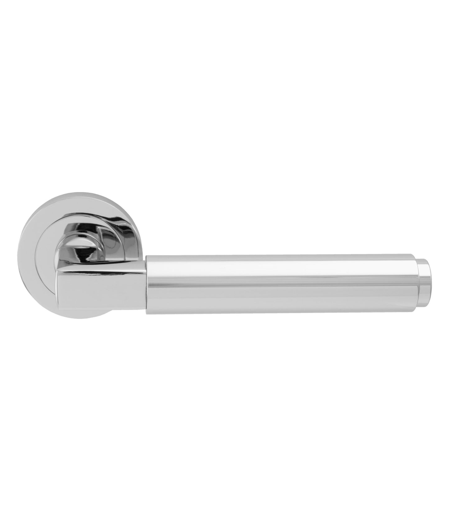 Carlisle Brass Masano Lever On Round Rose in a polished chrome finish, featuring a sleek cylindrical lever and rounded rose plate for a modern aesthetic.