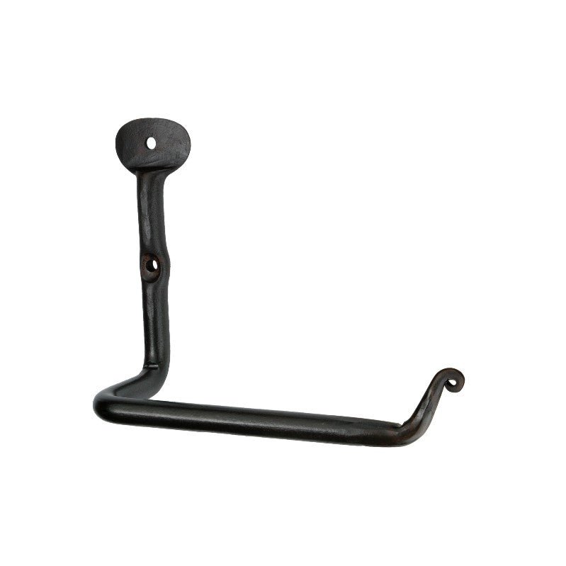 Spira Brass Cosmo Toilet Roll Holder in a matte black finish, featuring a simple curved design with a wall-mounting plate and a hook for easy toilet paper access.