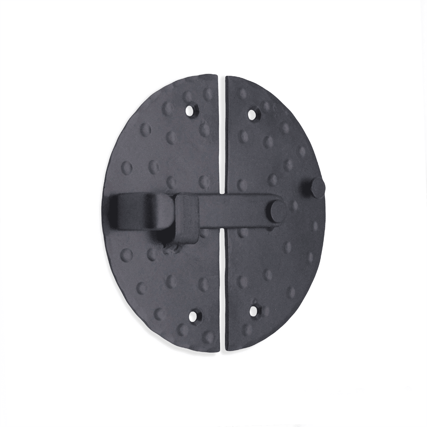 Spira Brass Marvel Cabinet Lock in black finish, featuring an oval shape with a textured surface and a sliding latch mechanism, designed for secure cabinet closure.