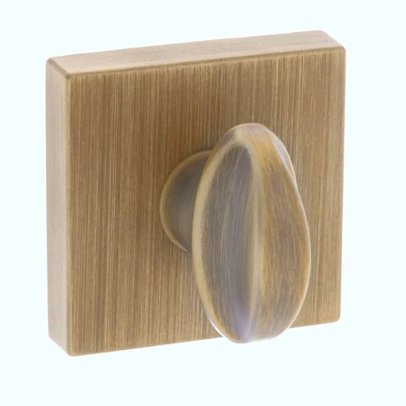 Atlantic Forme WC Turn in brushed brass, featuring a square backplate and an oval-shaped turn knob with a textured finish. The design is sleek and modern, suitable for bathroom setups.