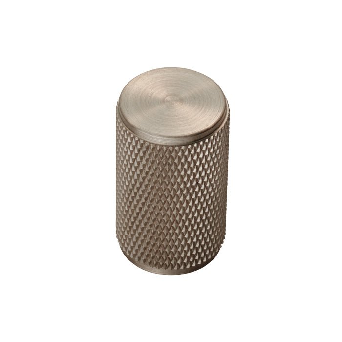 Carlisle Brass Knurled Knob in a brushed metallic finish, featuring a textured surface for grip and a smooth top, designed for a variety of applications.