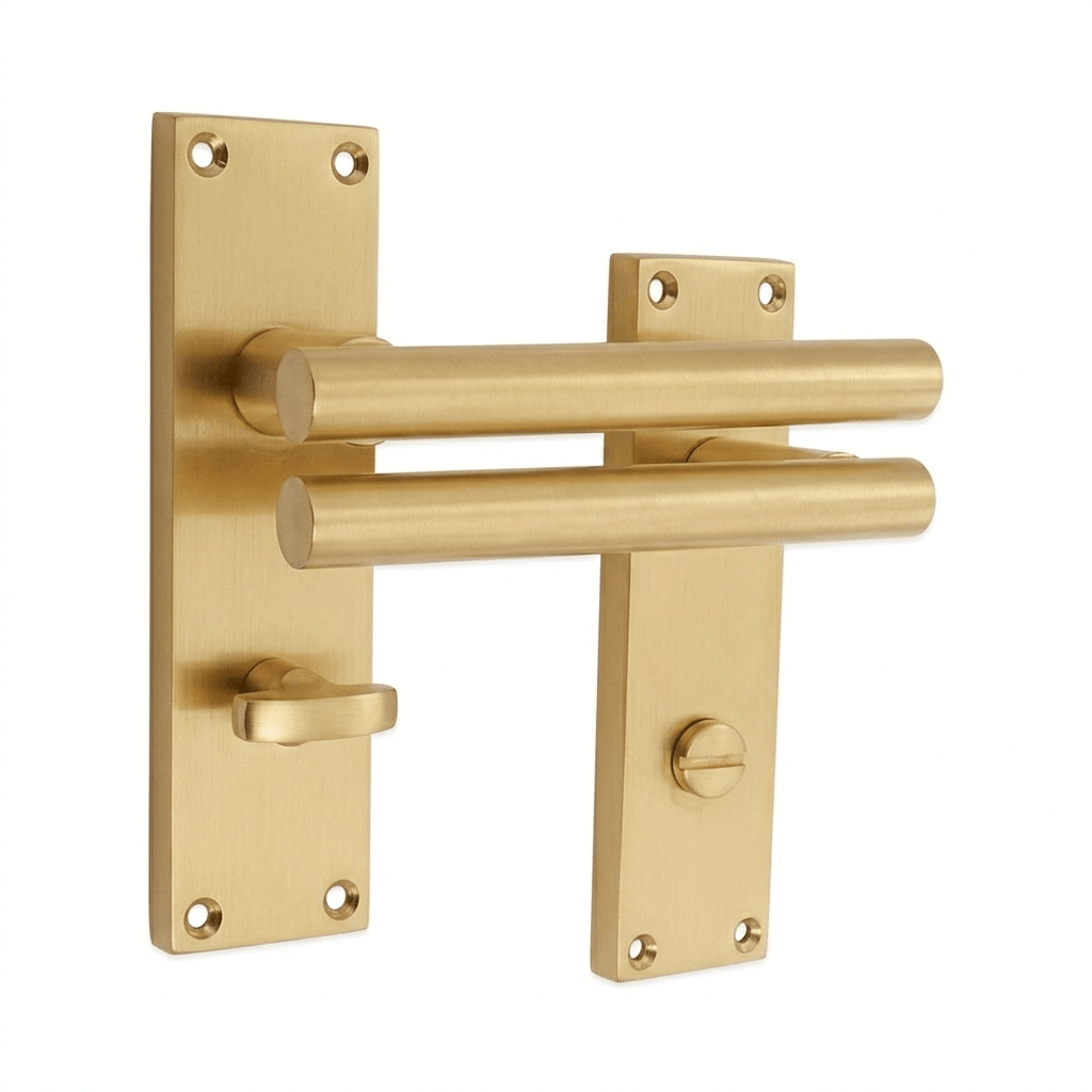 Jura Lever on Backplate Door Handle Bathroom Backplate Satin Brass Love Handles uk