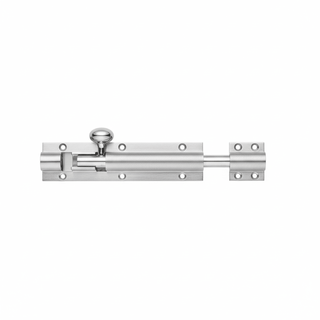 Zoo Hardware Architectural Barrel Bolt in stainless steel with a cylindrical locking mechanism and multiple mounting holes for secure installation.