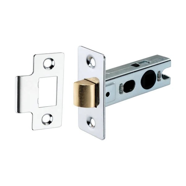 Spira Brass Eco Tubular Latch featuring a chrome finish with a cylindrical brass bolt and a rectangular strike plate, both designed for secure door locking.