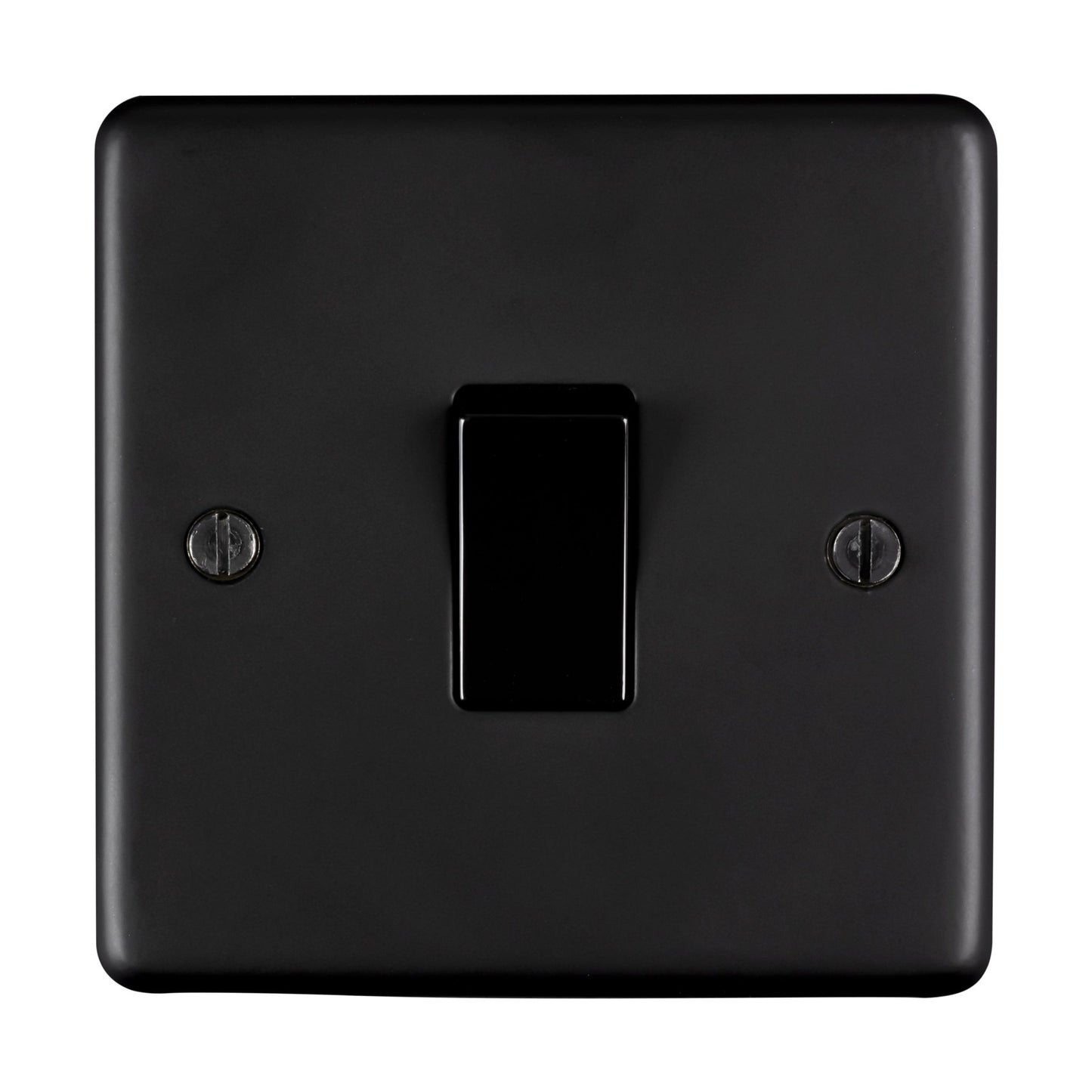 Eurolite Stainless Steel 1 Gang Switch in matt black, featuring a rectangular design with a single toggle switch and two screws for mounting.